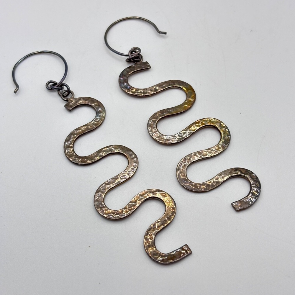Vintage 925 Sterling Silver Serpentine Snake-like Hammered Dangle Earrings